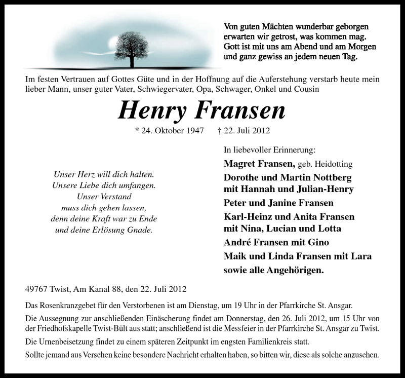  Traueranzeige für Henry Fransen vom 24.07.2012 aus Neue Osnabrücker Zeitung GmbH & Co. KG