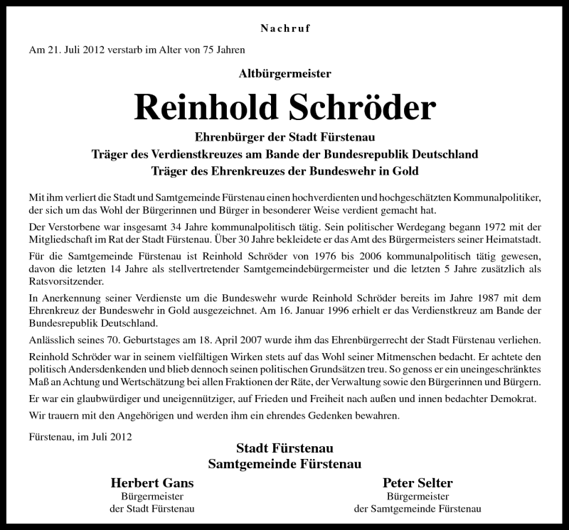  Traueranzeige für Reinhold Schröder vom 24.07.2012 aus Neue Osnabrücker Zeitung GmbH & Co. KG