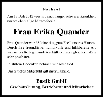 Traueranzeige von Erika Quander von Neue Osnabrücker Zeitung GmbH & Co. KG