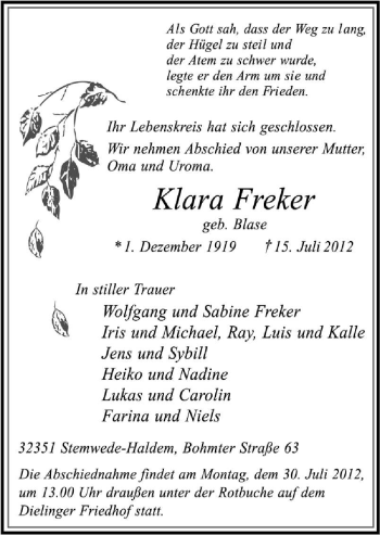 Traueranzeige von Klara Freker von Neue Osnabrücker Zeitung GmbH & Co. KG