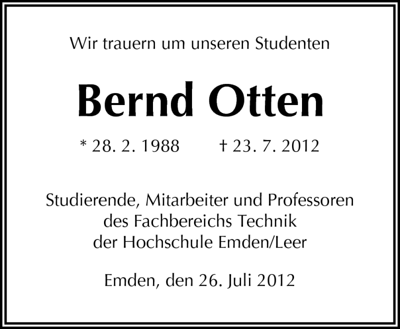  Traueranzeige für Bernd Otten vom 26.07.2012 aus Neue Osnabrücker Zeitung GmbH & Co. KG