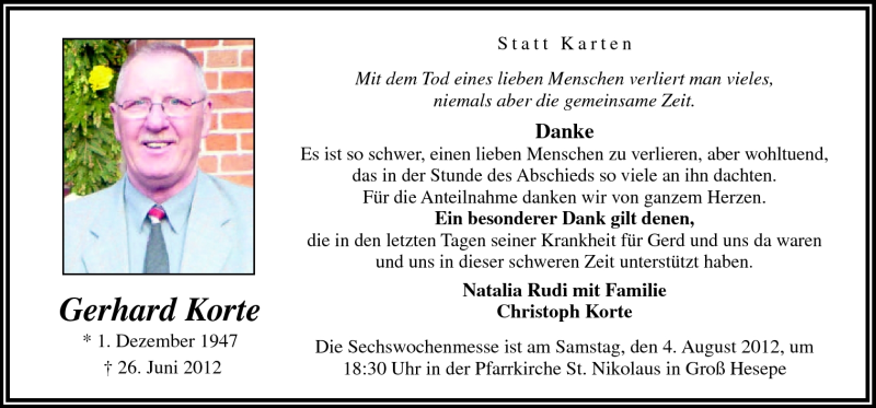  Traueranzeige für Gerhard Korte vom 28.07.2012 aus Neue Osnabrücker Zeitung GmbH & Co. KG