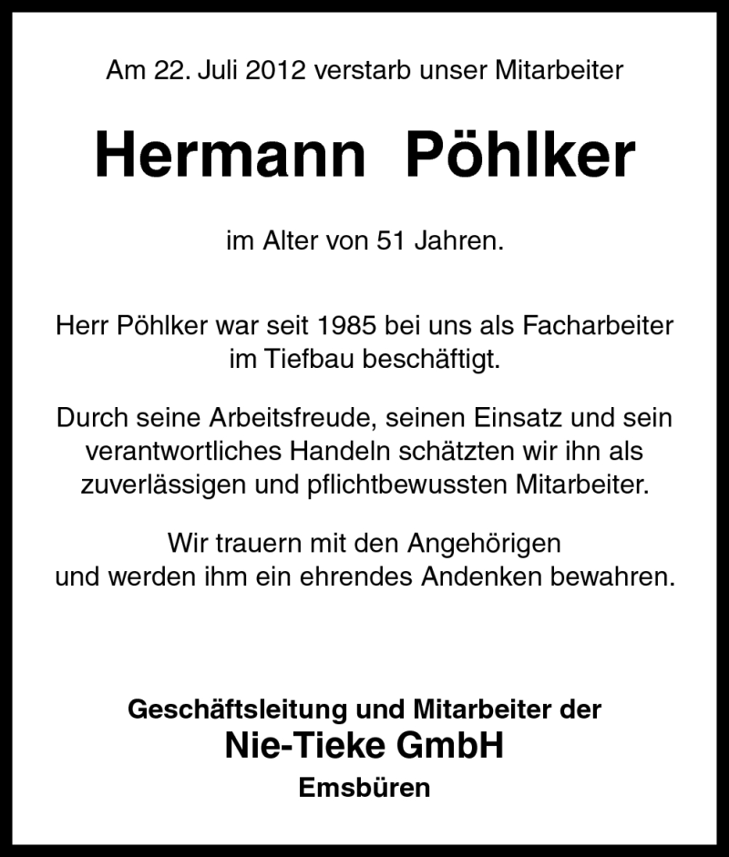  Traueranzeige für Hermann Pöhlker vom 27.07.2012 aus Neue Osnabrücker Zeitung GmbH & Co. KG