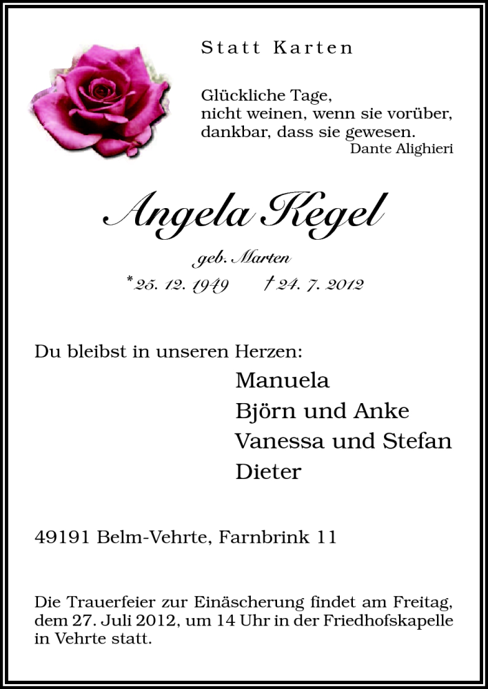 Traueranzeige für Angela Kegel vom 26.07.2012 aus Neue Osnabrücker Zeitung GmbH & Co. KG