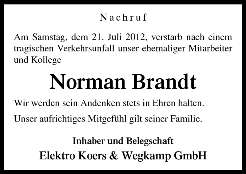  Traueranzeige für Norman Brandt vom 27.07.2012 aus Neue Osnabrücker Zeitung GmbH & Co. KG