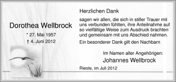 Traueranzeige von Dorothea Wellbrock von Neue Osnabrücker Zeitung GmbH & Co. KG