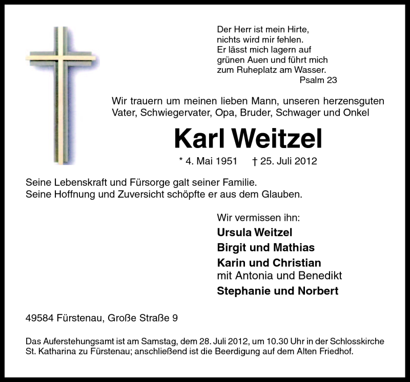  Traueranzeige für Karl Weitzel vom 27.07.2012 aus Neue Osnabrücker Zeitung GmbH & Co. KG