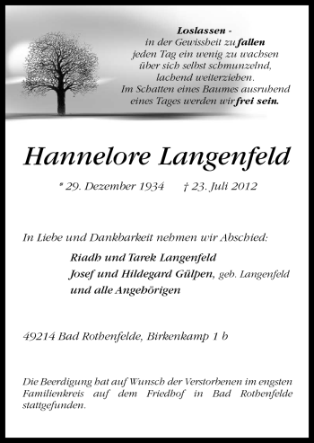 Traueranzeige von Hannelore Langenfeld von Neue Osnabrücker Zeitung GmbH & Co. KG