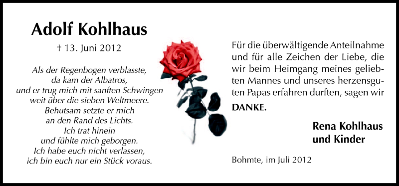 Traueranzeige für Adolf Kohlhaus vom 28.07.2012 aus Neue Osnabrücker Zeitung GmbH & Co. KG