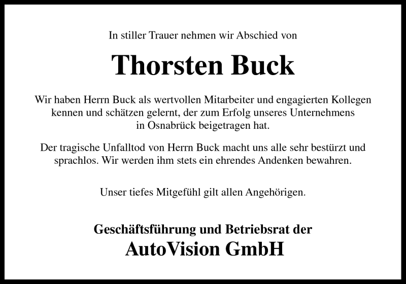  Traueranzeige für Thorsten Buck vom 28.07.2012 aus Neue Osnabrücker Zeitung GmbH & Co. KG