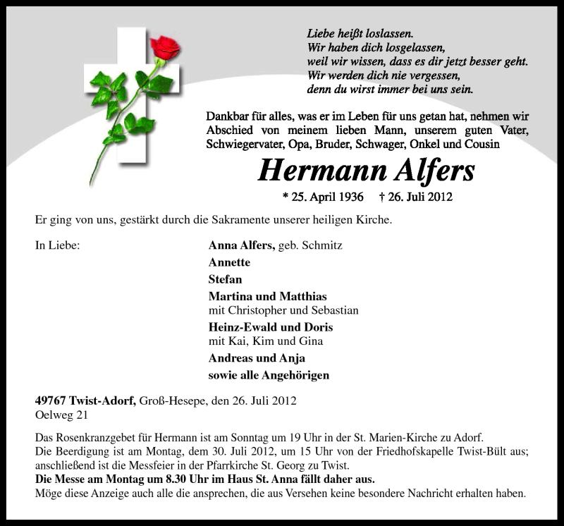  Traueranzeige für Hermann Alfers vom 28.07.2012 aus Neue Osnabrücker Zeitung GmbH & Co. KG