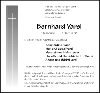 Traueranzeige von Bernhard Varel von Neue Osnabrücker Zeitung GmbH & Co. KG