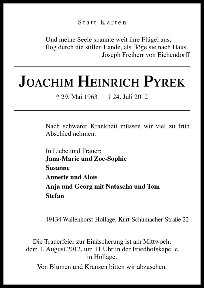  Traueranzeige für Joachim Heinrich Pyrek vom 28.07.2012 aus Neue Osnabrücker Zeitung GmbH & Co. KG