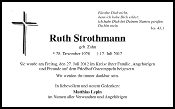 Traueranzeige von Ruth Strothmann von Neue Osnabrücker Zeitung GmbH & Co. KG