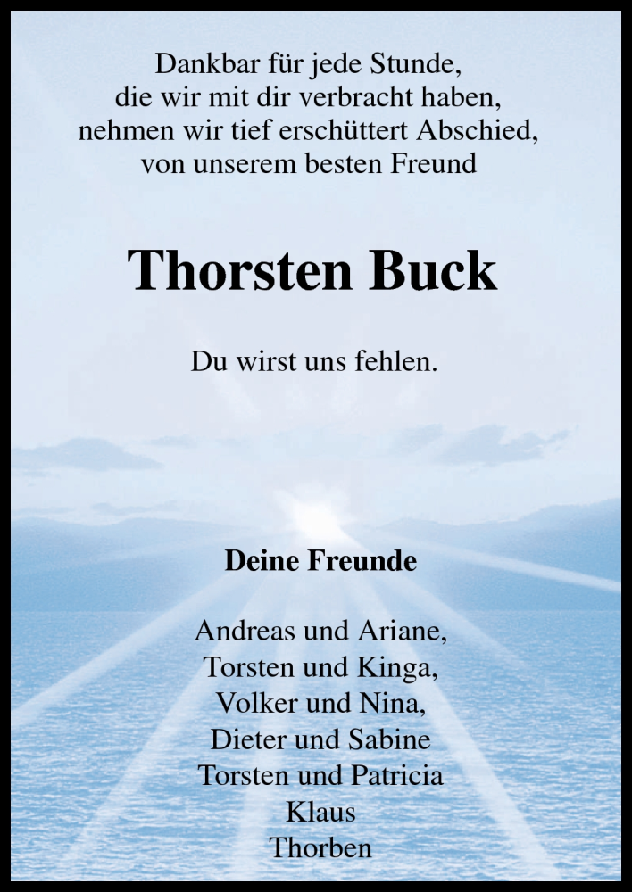  Traueranzeige für Thorsten Buck vom 31.07.2012 aus Neue Osnabrücker Zeitung GmbH & Co. KG