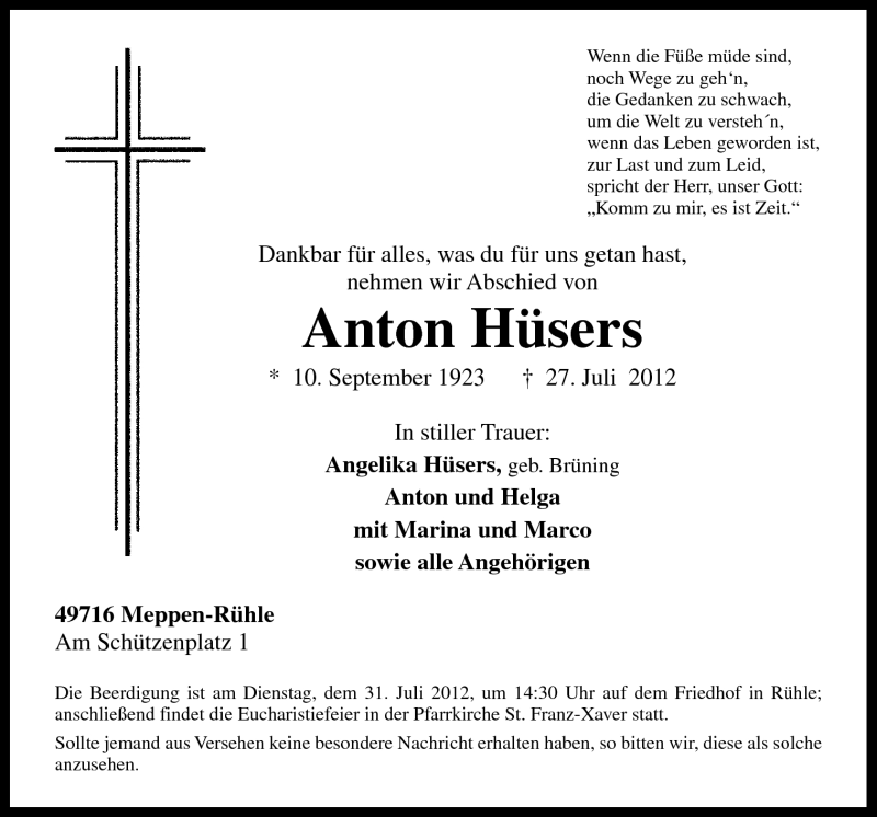  Traueranzeige für Anton Hüsers vom 30.07.2012 aus Neue Osnabrücker Zeitung GmbH & Co. KG