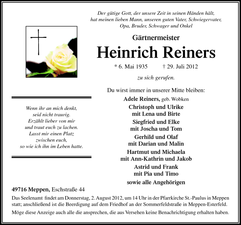  Traueranzeige für Heinrich Reiners vom 31.07.2012 aus Neue Osnabrücker Zeitung GmbH & Co. KG