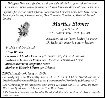 Traueranzeige von Marlies Blömer von Neue Osnabrücker Zeitung GmbH & Co. KG