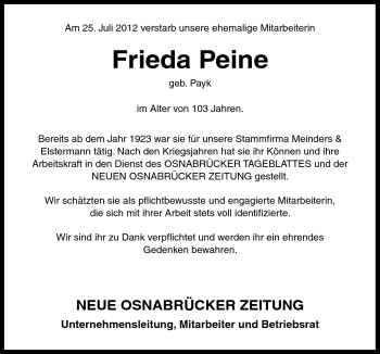 Traueranzeige von Frieda Peine von Neue Osnabrücker Zeitung GmbH & Co. KG