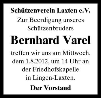 Traueranzeige von Bernhard Varel von Neue Osnabrücker Zeitung GmbH & Co. KG