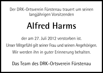Traueranzeige von Alfred Harms von Neue Osnabrücker Zeitung GmbH & Co. KG