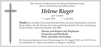 Traueranzeige von Helene Rieger von Neue Osnabrücker Zeitung GmbH & Co. KG