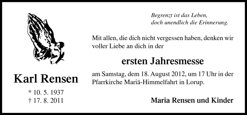  Traueranzeige für Karl Rensen vom 15.08.2012 aus Neue Osnabrücker Zeitung GmbH & Co. KG