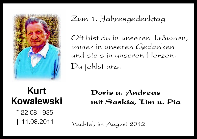  Traueranzeige für Kurt Kowalewski vom 11.08.2012 aus Neue Osnabrücker Zeitung GmbH & Co. KG