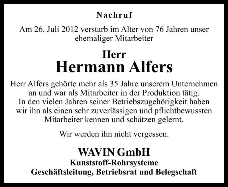  Traueranzeige für Hermann Alfers vom 01.08.2012 aus Neue Osnabrücker Zeitung GmbH & Co. KG