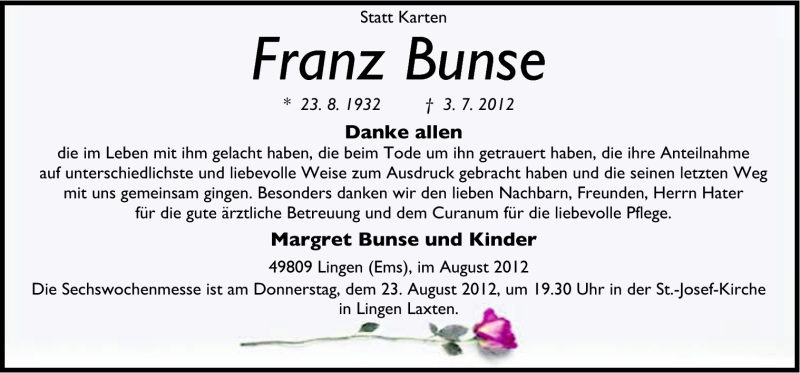  Traueranzeige für Franz Bunse vom 18.08.2012 aus Neue Osnabrücker Zeitung GmbH & Co. KG
