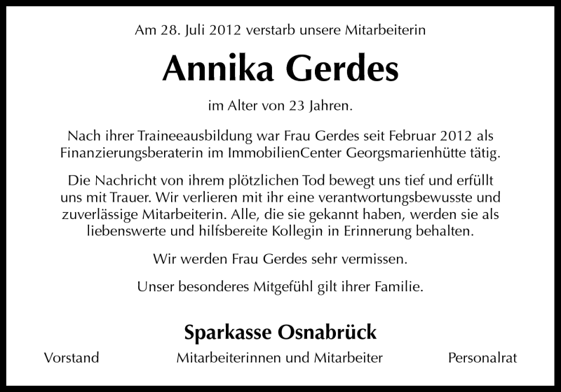  Traueranzeige für Annika Gerdes vom 06.08.2012 aus Neue Osnabrücker Zeitung GmbH & Co. KG