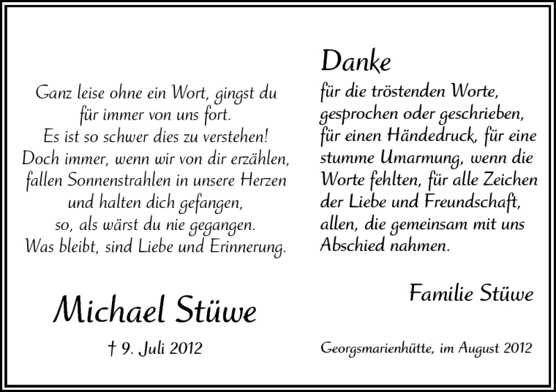  Traueranzeige für Michael Stüwe vom 04.08.2012 aus Neue Osnabrücker Zeitung GmbH & Co. KG