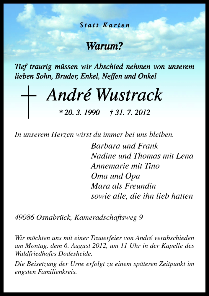  Traueranzeige für André Wustrack vom 03.08.2012 aus Neue Osnabrücker Zeitung GmbH & Co. KG
