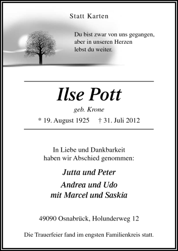 Traueranzeige von Ilse Pott von Neue Osnabrücker Zeitung GmbH & Co. KG