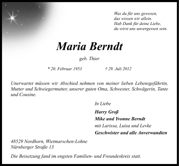 Traueranzeige von Maria Berndt von Neue Osnabrücker Zeitung GmbH & Co. KG