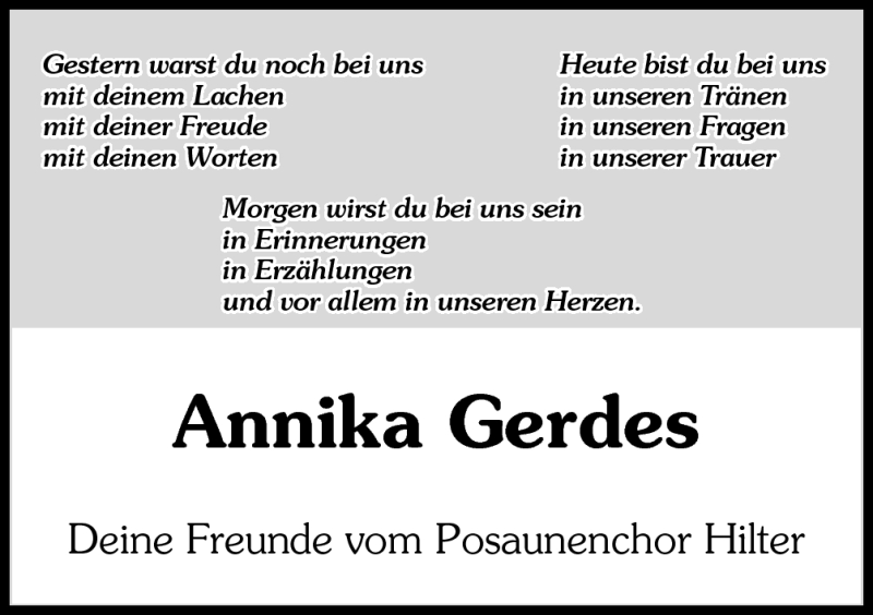  Traueranzeige für Annika Gerdes vom 04.08.2012 aus Neue Osnabrücker Zeitung GmbH & Co. KG