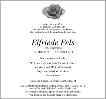 Traueranzeige von Elfriede Fels von Neue Osnabrücker Zeitung GmbH & Co. KG