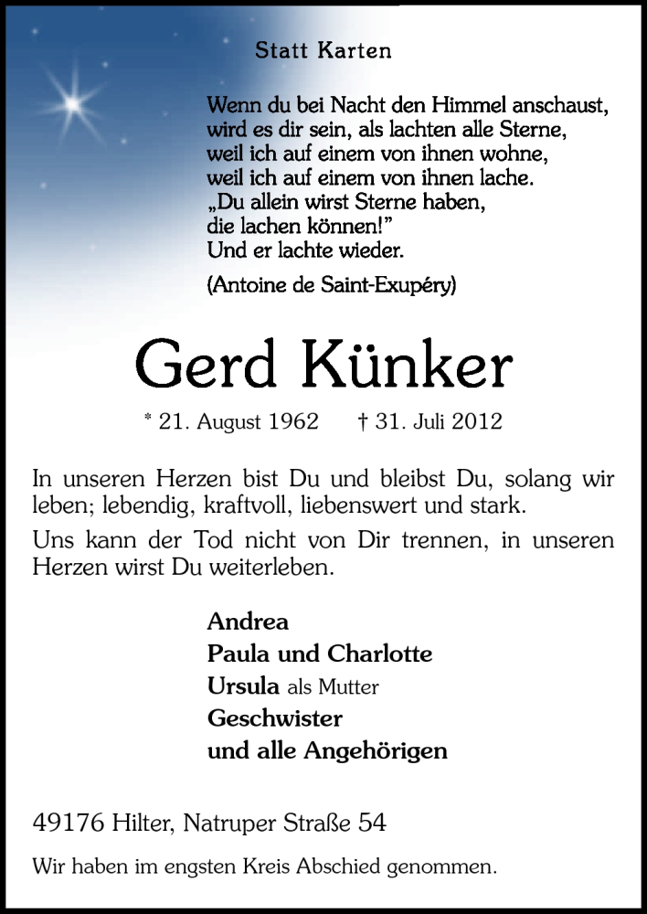  Traueranzeige für Gerd Künker vom 07.08.2012 aus Neue Osnabrücker Zeitung GmbH & Co. KG