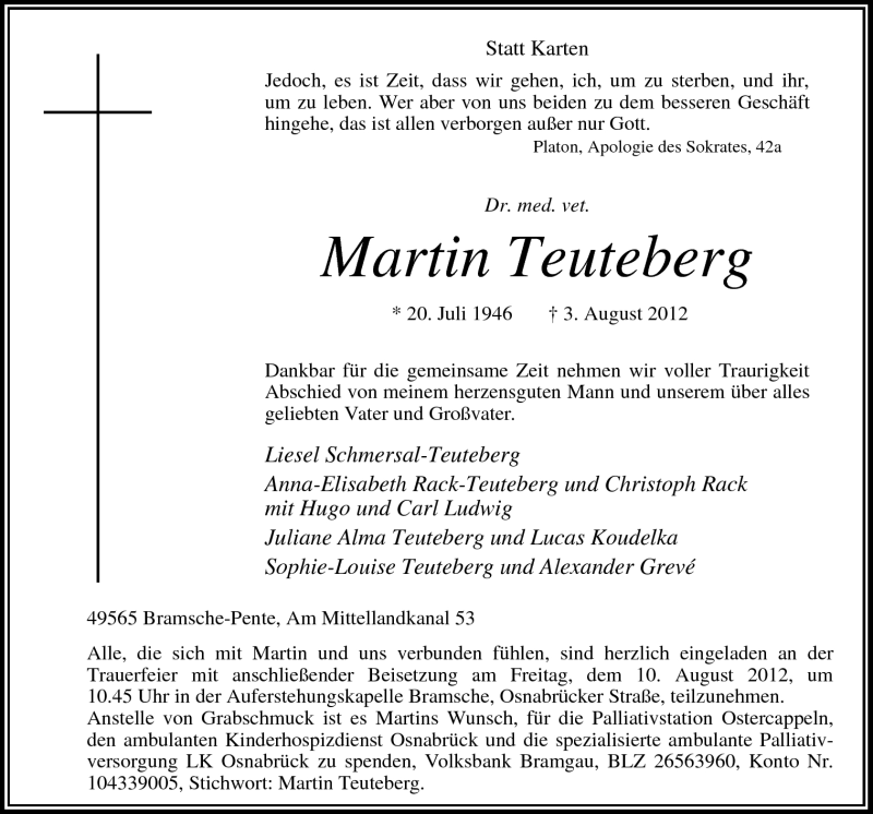  Traueranzeige für Martin Teuteberg vom 08.08.2012 aus Neue Osnabrücker Zeitung GmbH & Co. KG