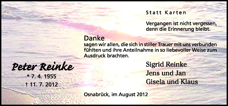  Traueranzeige für Peter Reinke vom 11.08.2012 aus Neue Osnabrücker Zeitung GmbH & Co. KG