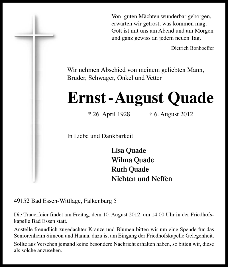  Traueranzeige für Ernst-August Quade vom 08.08.2012 aus Neue Osnabrücker Zeitung GmbH & Co. KG