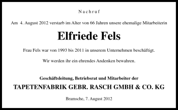 Traueranzeige von Elfriede Fels von Neue Osnabrücker Zeitung GmbH & Co. KG