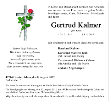 Traueranzeige von Gertrud Kalmer von Neue Osnabrücker Zeitung GmbH & Co. KG