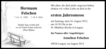 Traueranzeige von Hermann Felschen von Neue Osnabrücker Zeitung GmbH & Co. KG