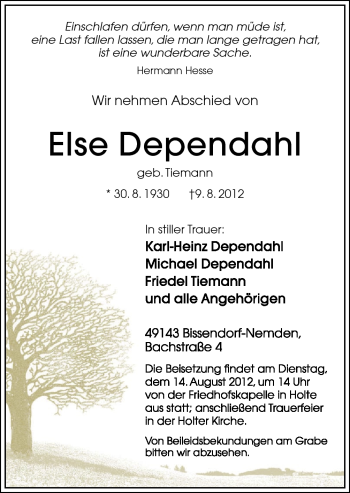 Traueranzeige von Else Dependahl von Neue Osnabrücker Zeitung GmbH & Co. KG
