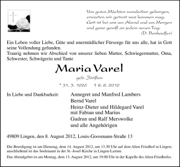 Traueranzeige von Maria Varel von Neue Osnabrücker Zeitung GmbH & Co. KG