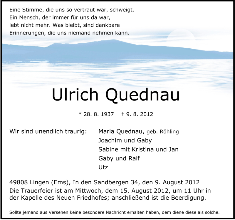  Traueranzeige für Ulrich Quednau vom 11.08.2012 aus Neue Osnabrücker Zeitung GmbH & Co. KG