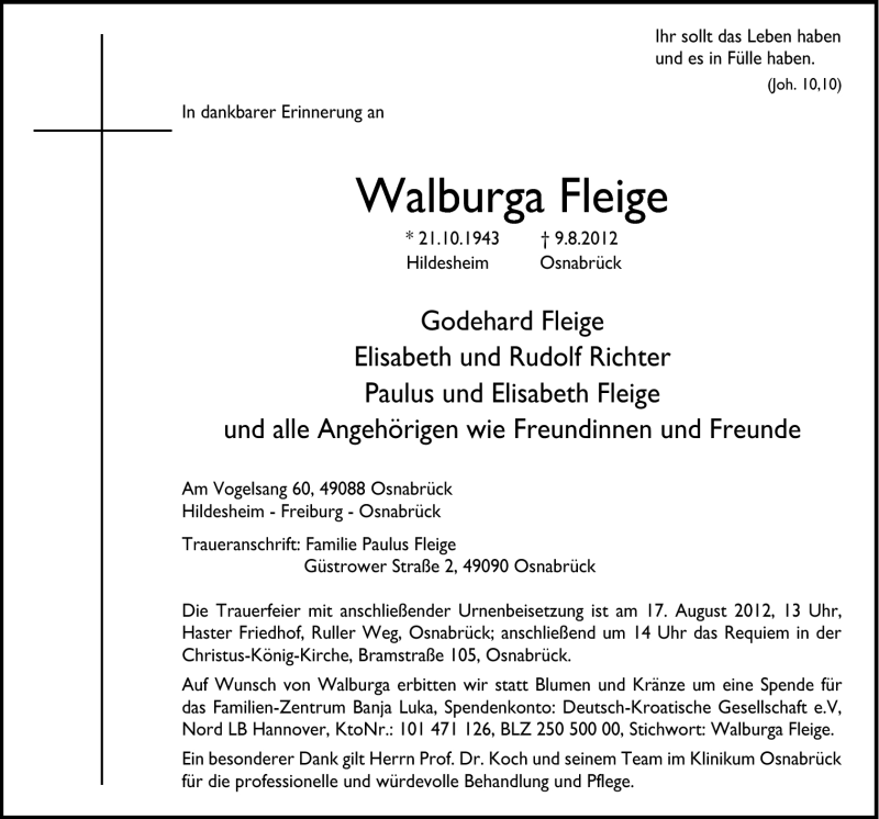  Traueranzeige für Walburga Fleige vom 11.08.2012 aus Neue Osnabrücker Zeitung GmbH & Co. KG