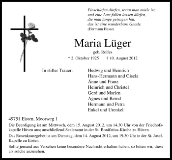 Traueranzeige von Maria Lüger von Neue Osnabrücker Zeitung GmbH & Co. KG