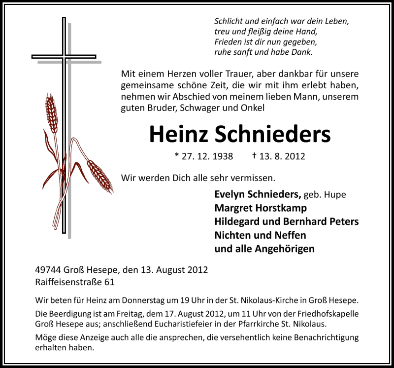  Traueranzeige für Heinz Schnieders vom 14.08.2012 aus Neue Osnabrücker Zeitung GmbH & Co. KG